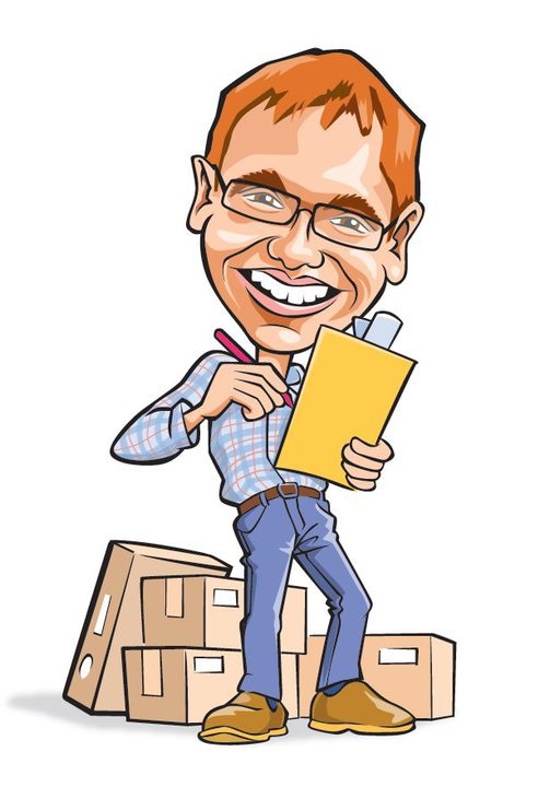 Cartoon portrait of the site's ginger-haired maker, grinning, wearing glasses, holding a pencil and a clipboard, with cardboard boxes stacked in the background
